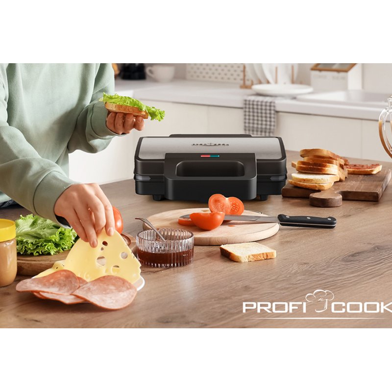 PROFI COOK grille-pain à sandwich PC-ST 131, acier inoxydable/noir, 900 watts, plaques XXL